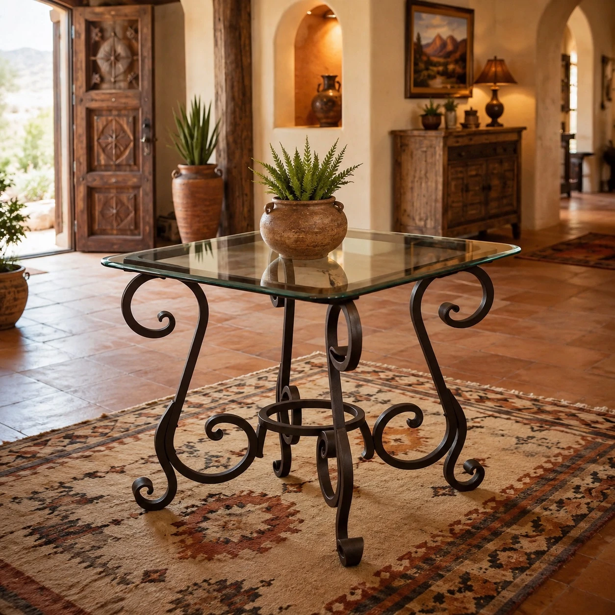 Forged iron table legs - decorative scroll in a Southwestern home with a clear glass tabletop