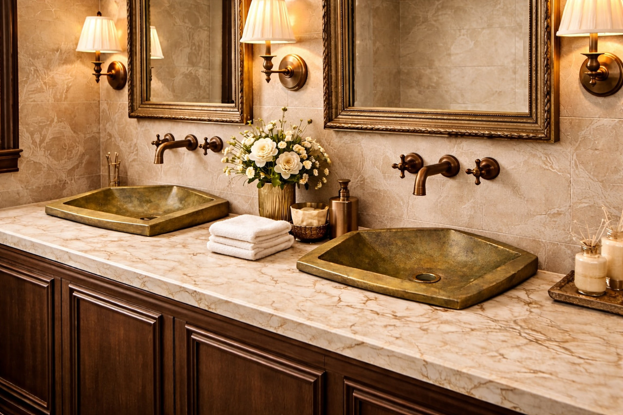 His and her pentagonal brass bathroom sinks in a large bathroom