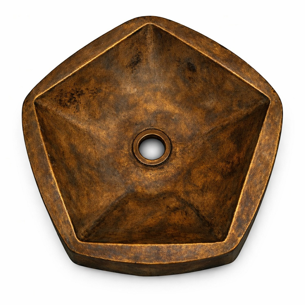 Pentagonal brass bathroom sink with artisan dark aged patina finish