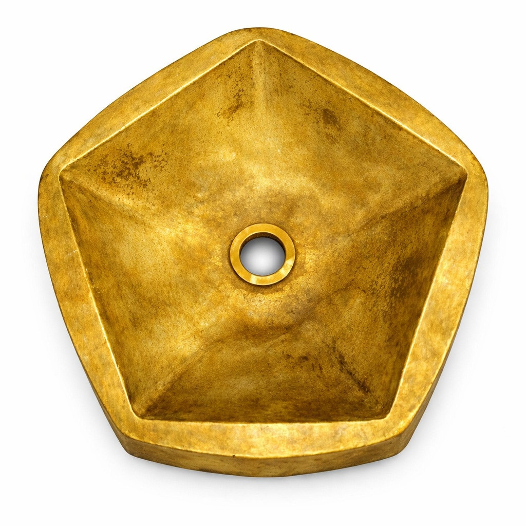 Pentagonal brass bathroom sink with artisan golden color patina