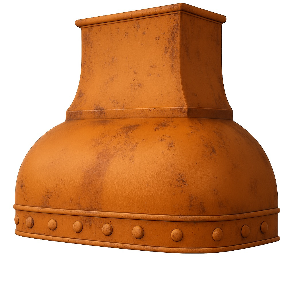 Dome shape copper range hood angled view, rounded hammered canopy with warm patina and smooth curved silhouette
