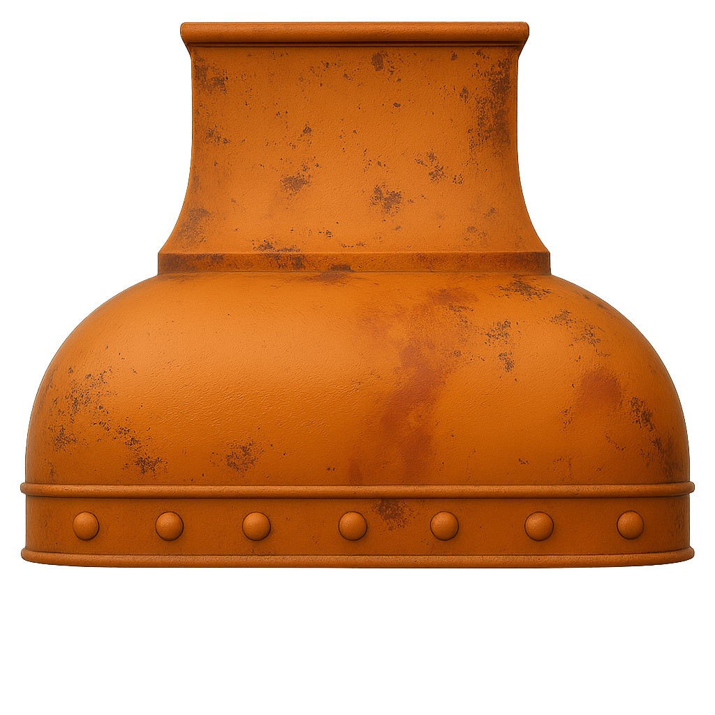 Dome shape copper range hood front view, rounded hammered canopy with warm patina and smooth curved silhouette