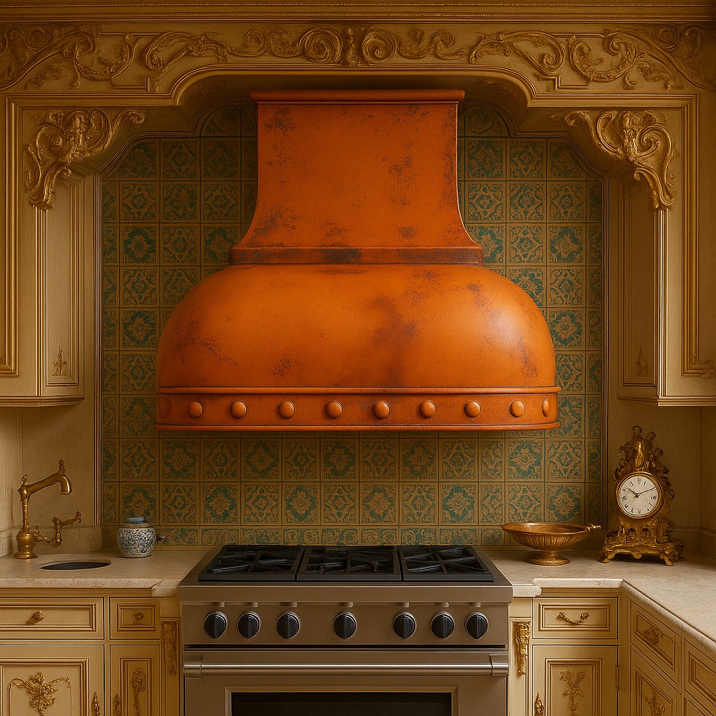Dome shape copper range hood in Moroccan style kitchen, rounded hammered canopy with warm patina above range and patterned tile accents