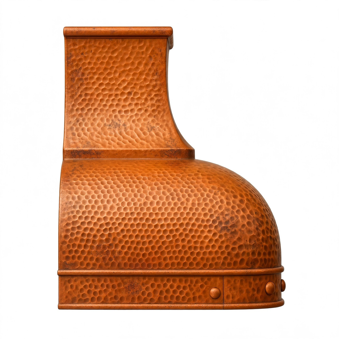 Dome bell copper range hood with riveted apron and curved chimney, soft hammered texture, angle view on white background