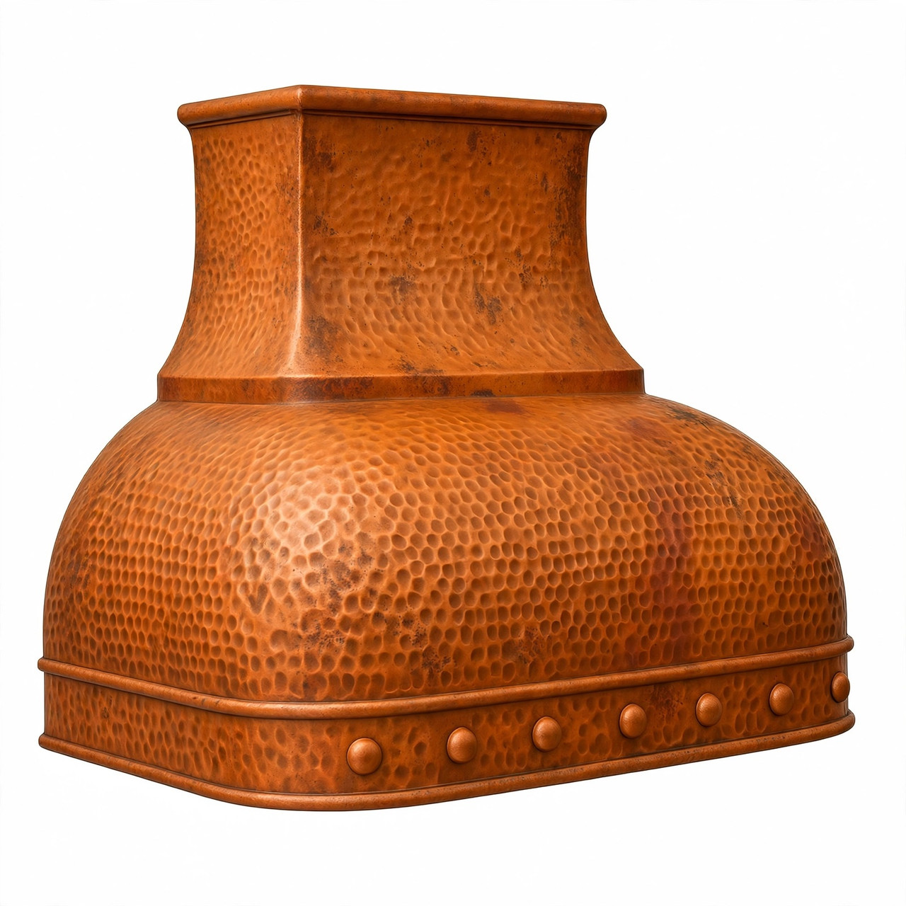 Side profile of dome bell copper range hood with riveted apron and curved chimney, soft hammered finish on white background