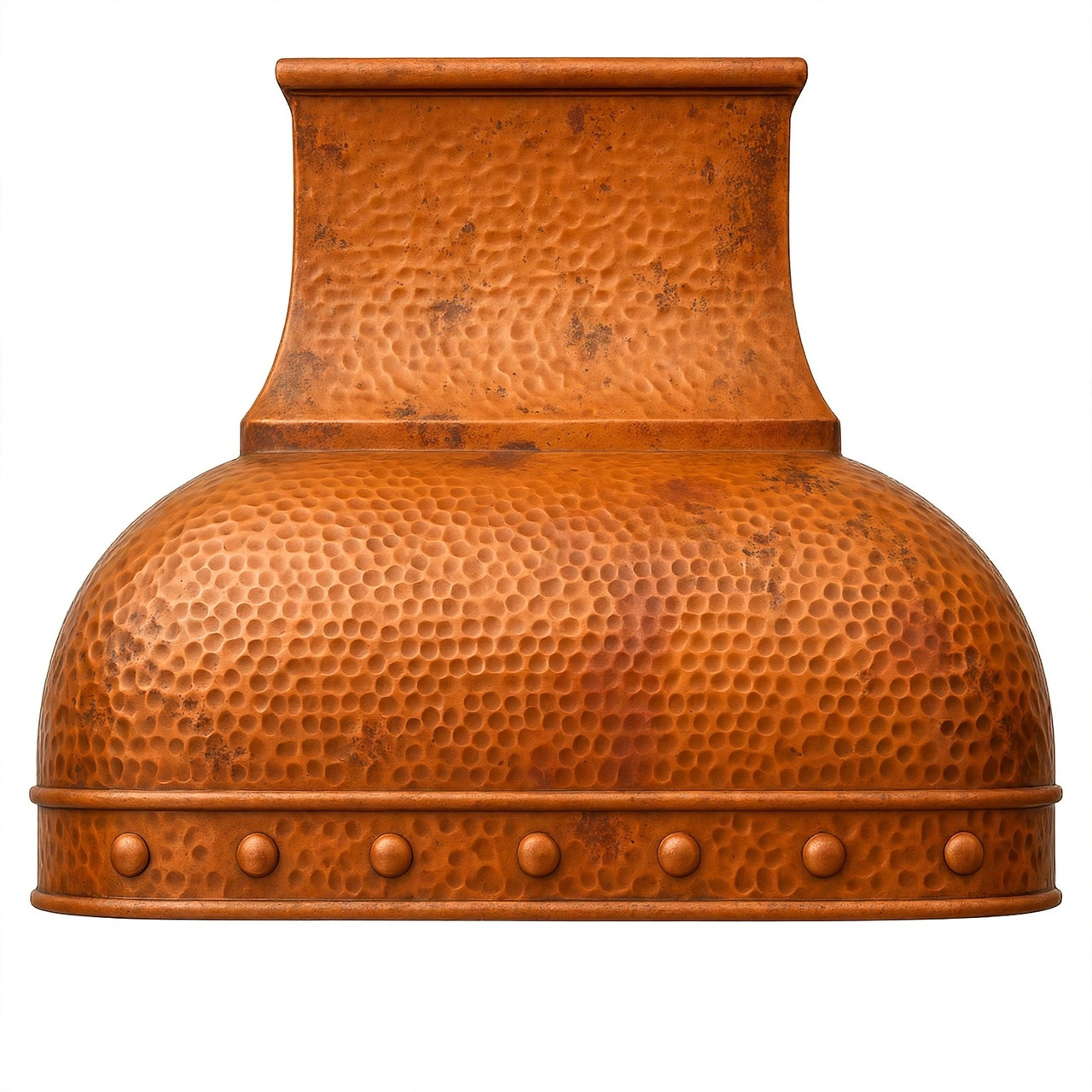 Dome bell copper range hood with riveted apron, hammered surface, chimney, and crown