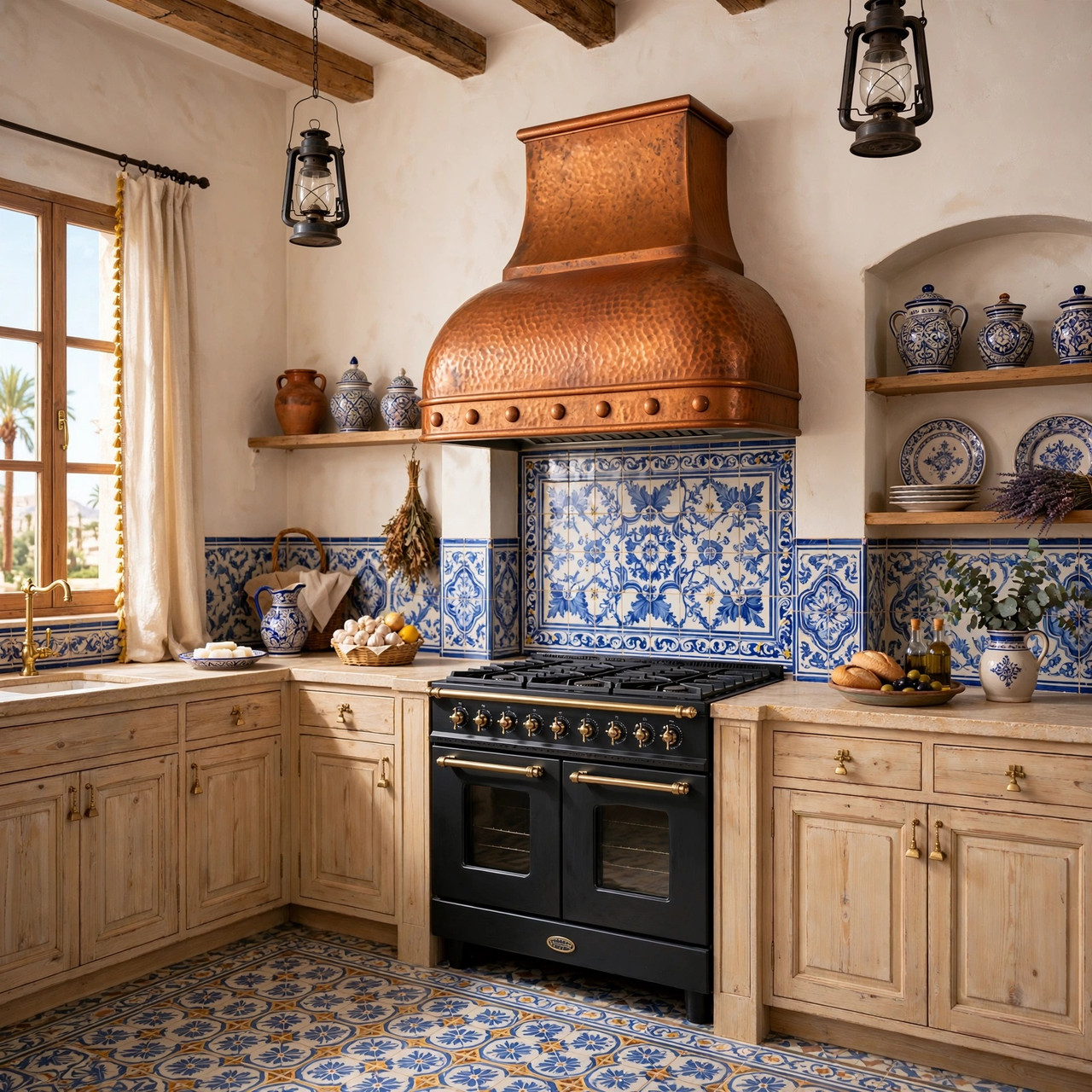 Portuguese style kitchen with blue azulejo tile and rustic wood beams, curved chimney copper range hood, window light