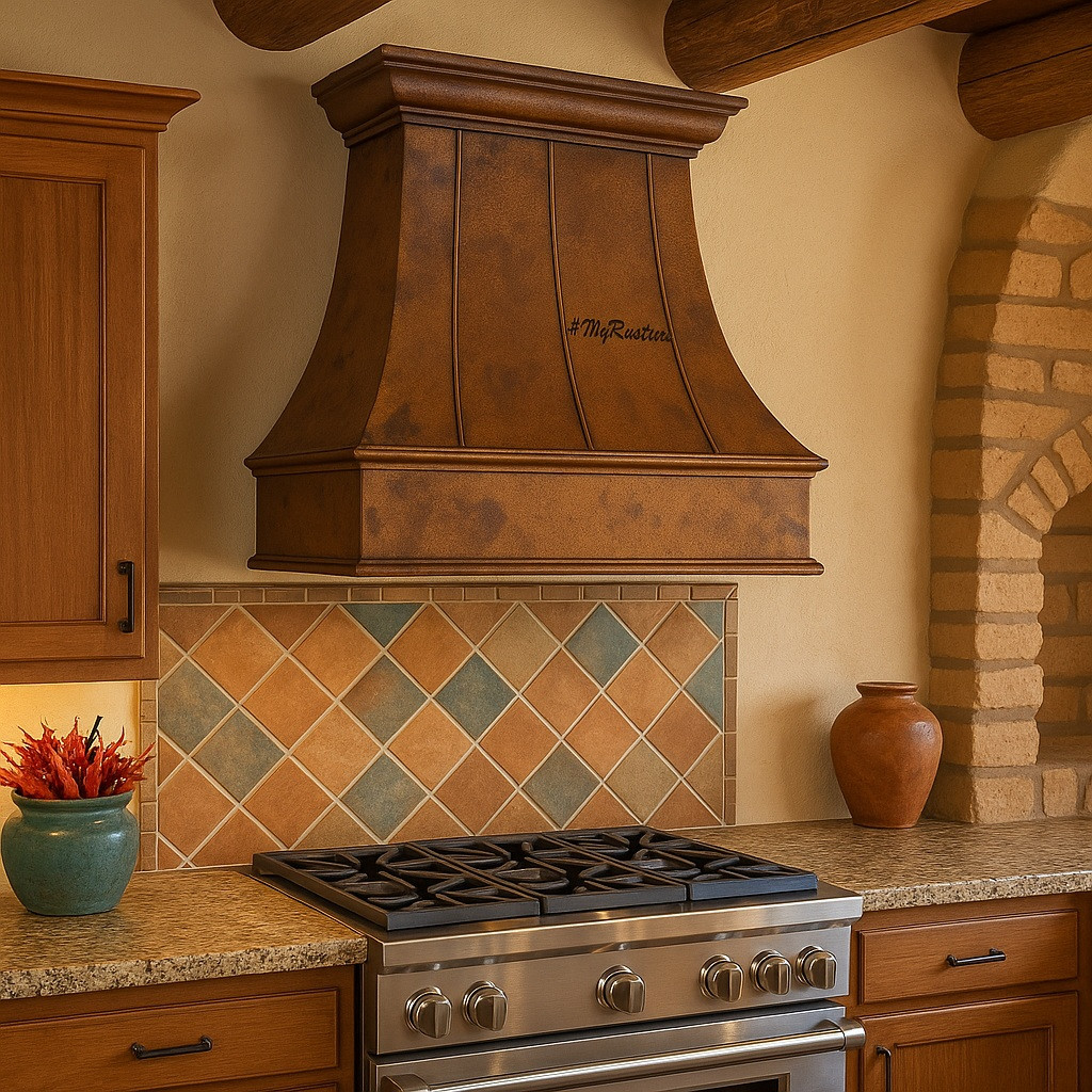 Traditional hammered copper range hood canopy with wide apron in Southwestern style kitchen, warm patina above range with earthy tile and wood accents