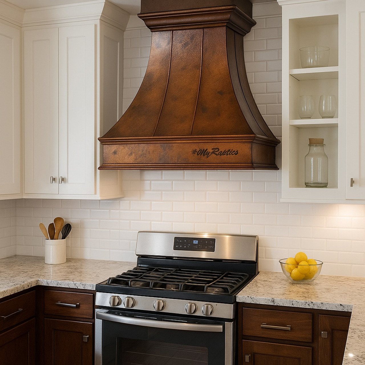 Copper range hood canopy in a transitional style kitchen