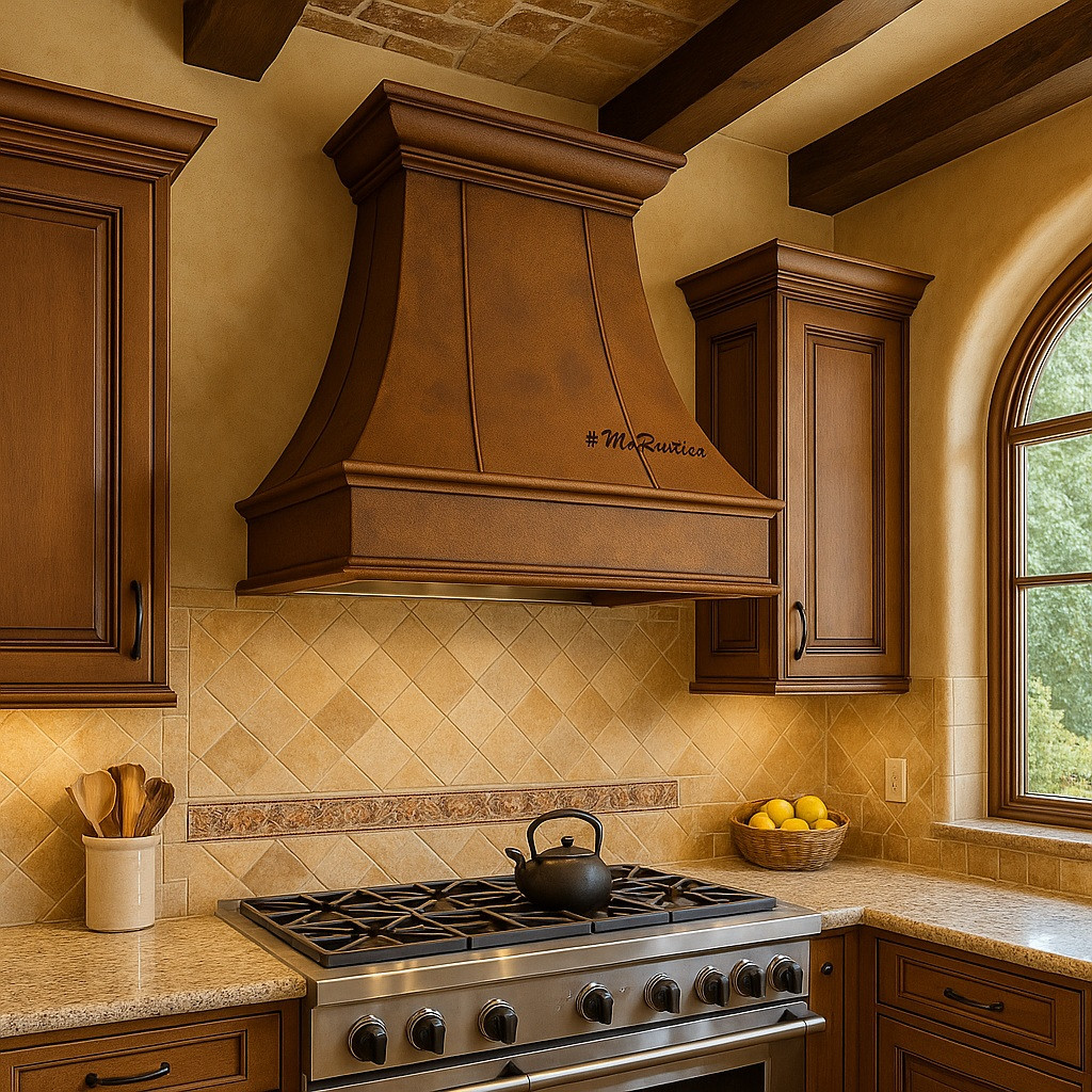 Traditional hammered copper range hood canopy with wide apron in Tuscan style kitchen, warm patina above rustic cabinetry and stone accents