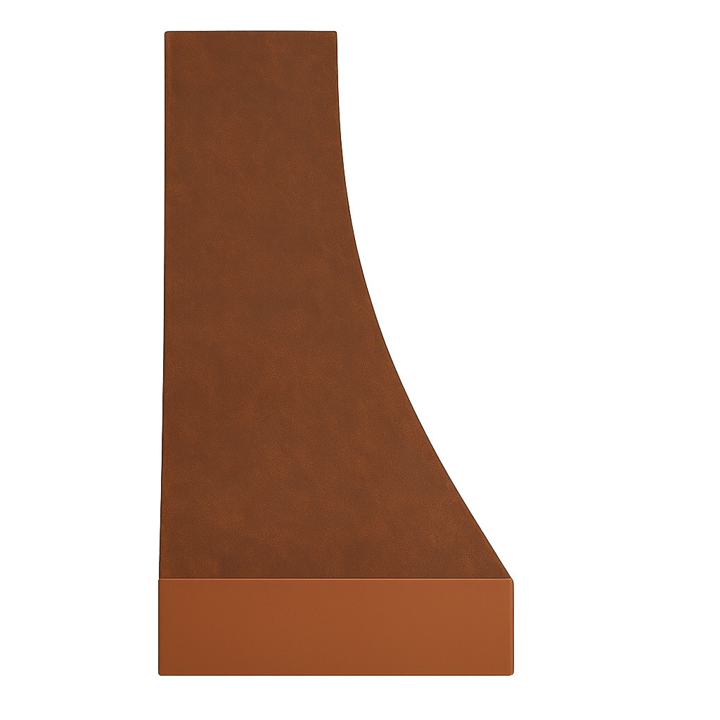 Copper range hood with smooth apron profile view, hammered canopy with warm patina and tapered side silhouette
