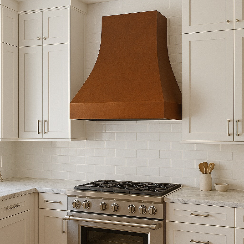 Copper range hood with smooth apron in transitional kitchen, hammered canopy with warm patina above range and balanced cabinetry
