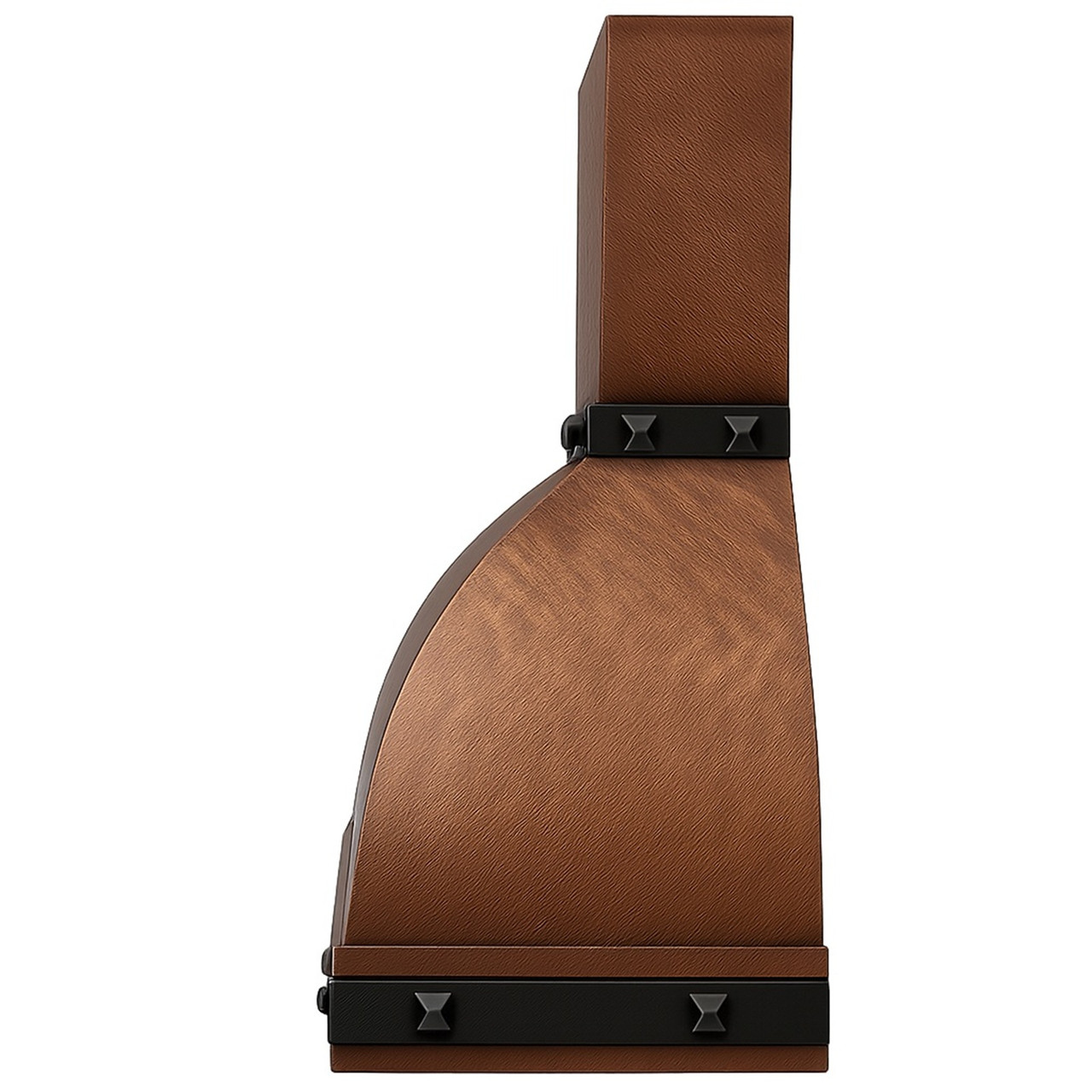 Side profile view dome bell copper hood showing curved dome silhouette and tall rectangular chimney