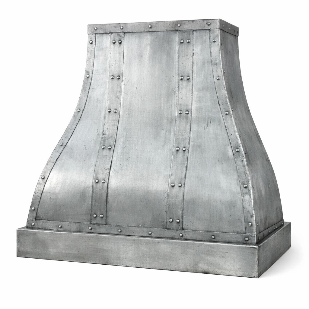 Side view of a brushed zinc range hood with three vertical straps and a squared crown, highlighting its tall bell silhouette