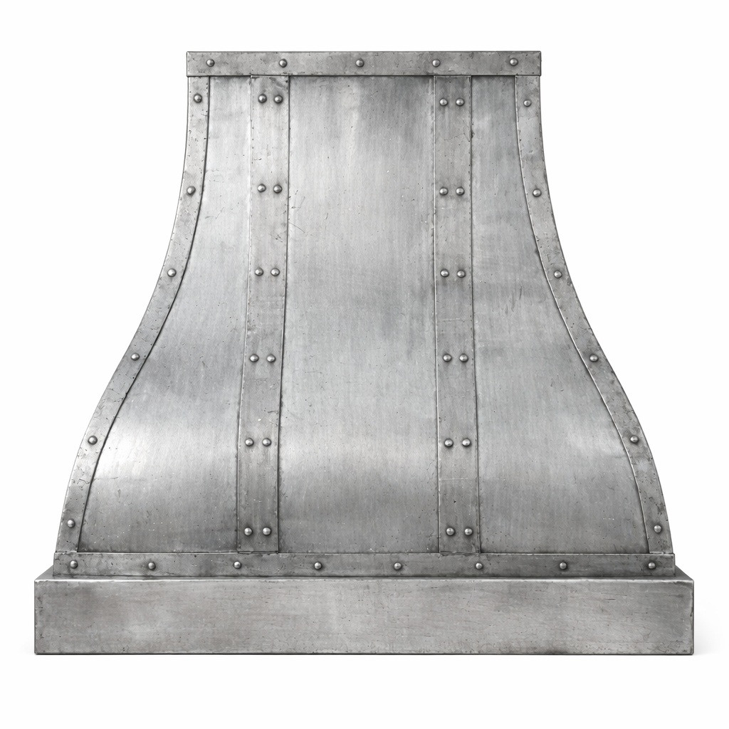 Brushed zinc range hood with three vertical straps and a squared crown and strong architectural presence