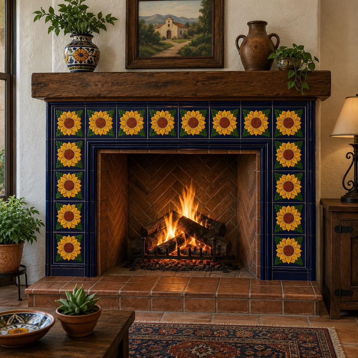 Sunflower mexican relief tile adorning the face of a traditional fireplace surround