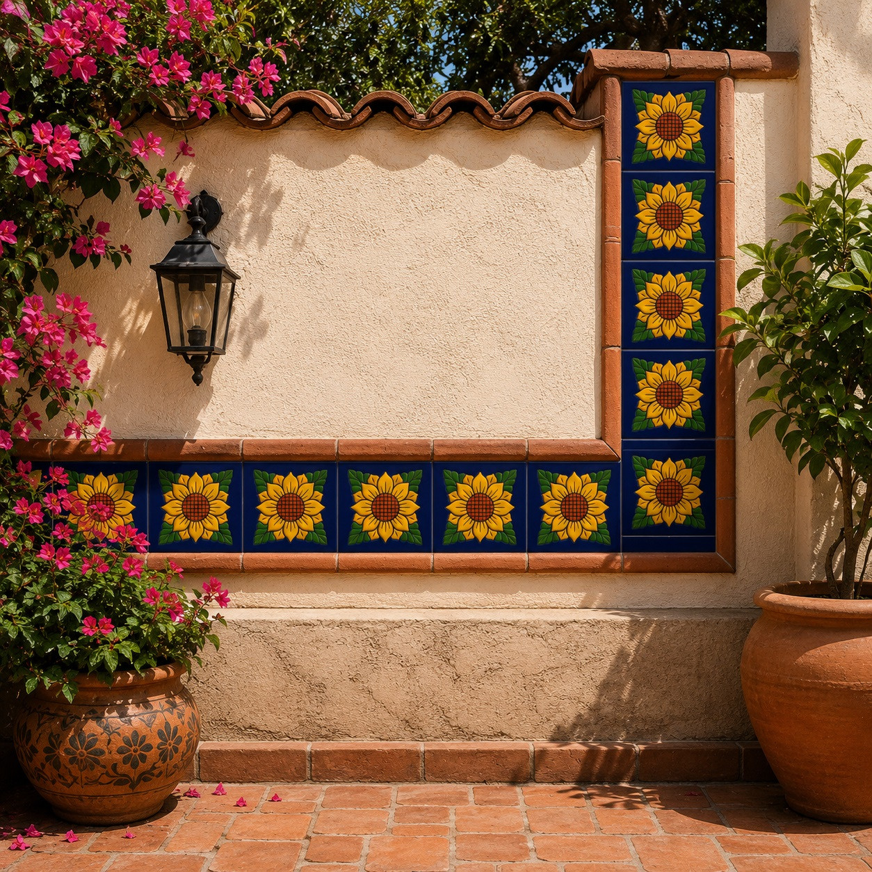 Sunflower mexican relief tile panel mounted on an outdoor garden wall with terracotta flooring