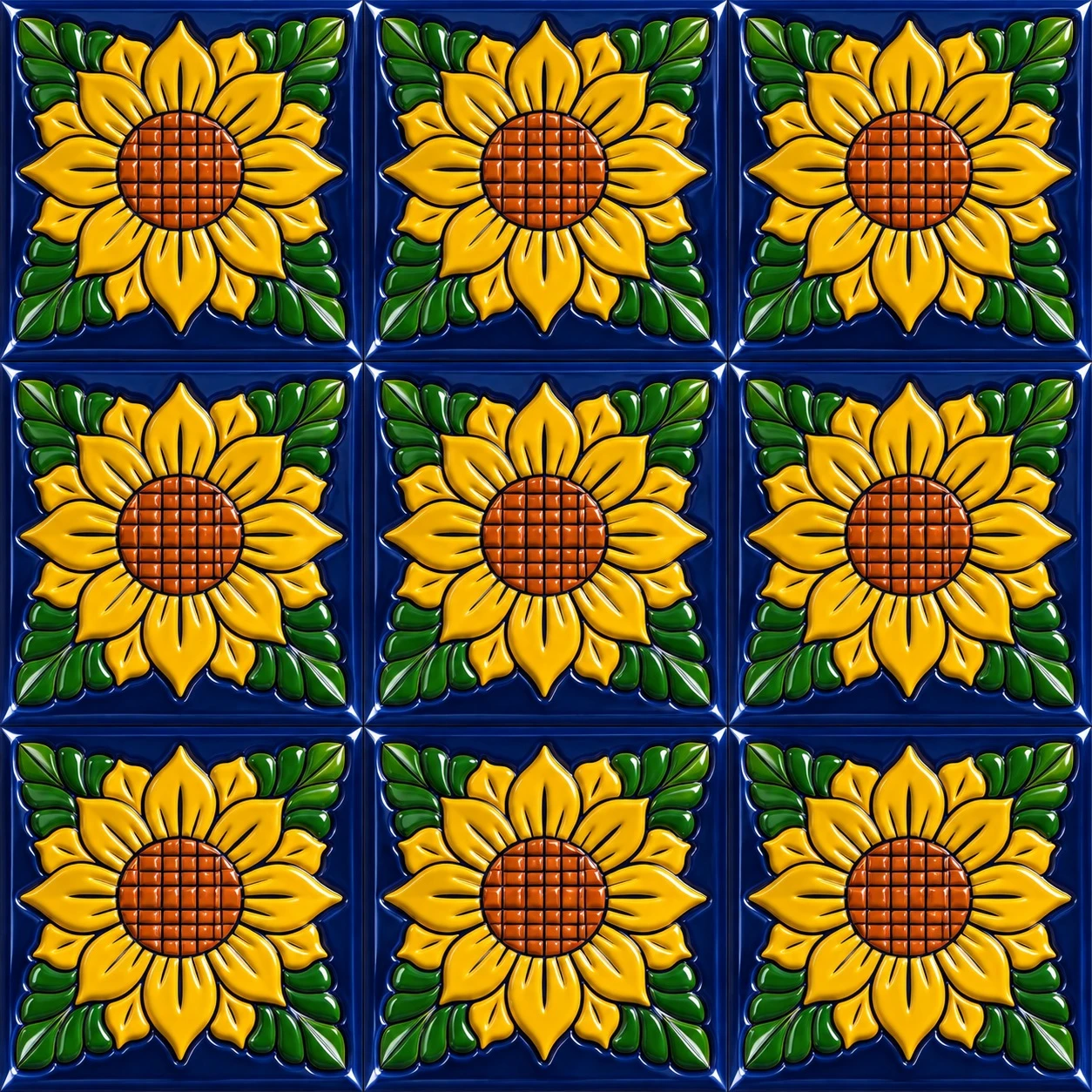 Sunflower mexican relief tile panel showing 9-tile layout with visible grout