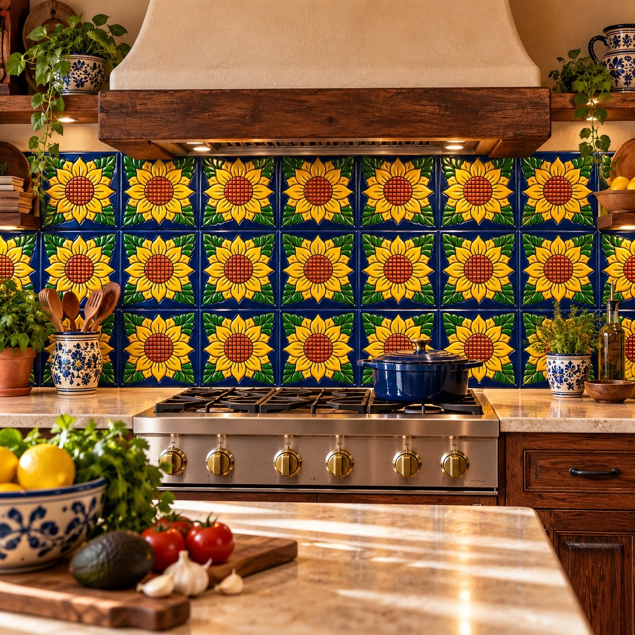 Sunflower mexican relief tile installed as a kitchen backsplash with warm lighting