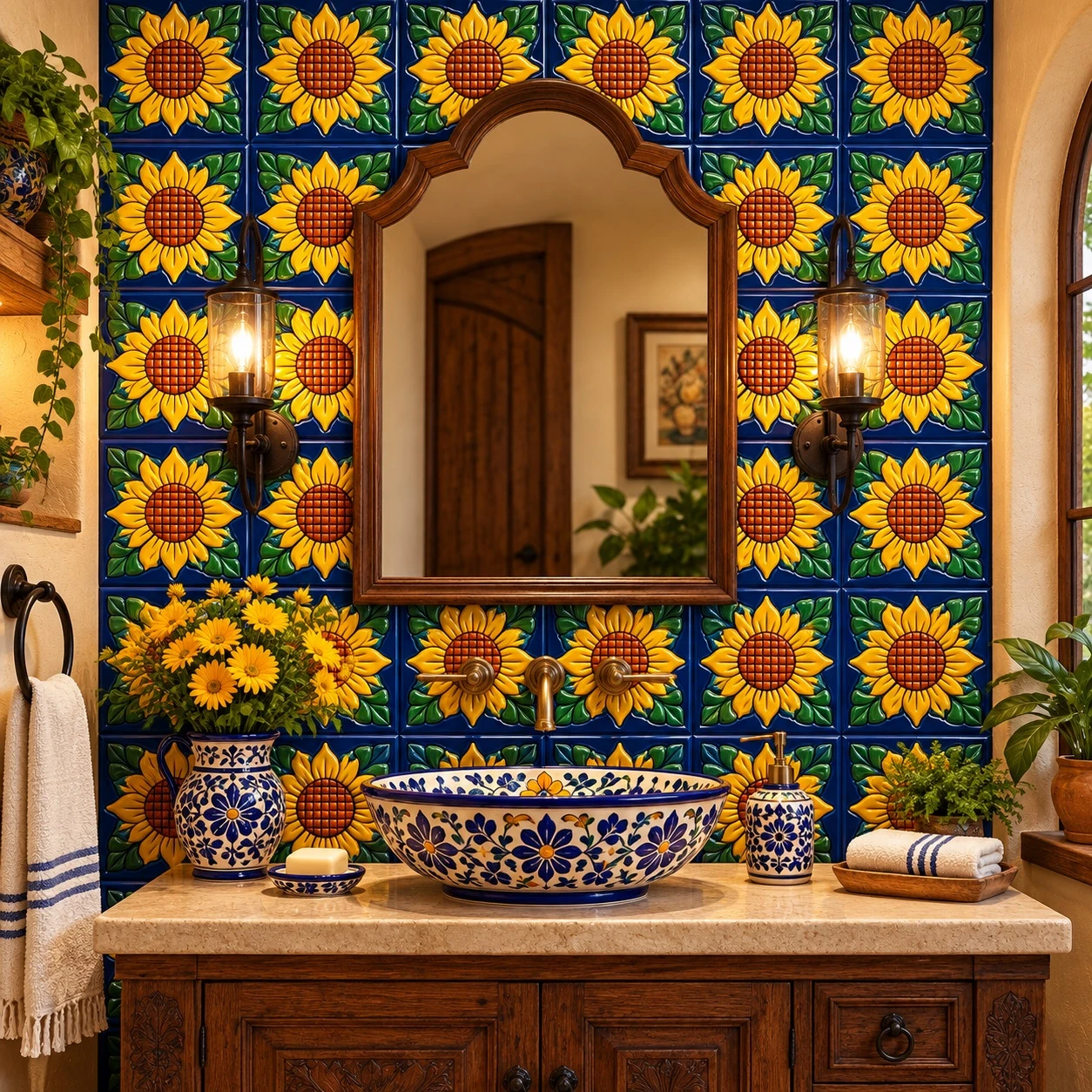 Sunflower mexican relief tile featured on a bathroom accent wall above a rustic sink