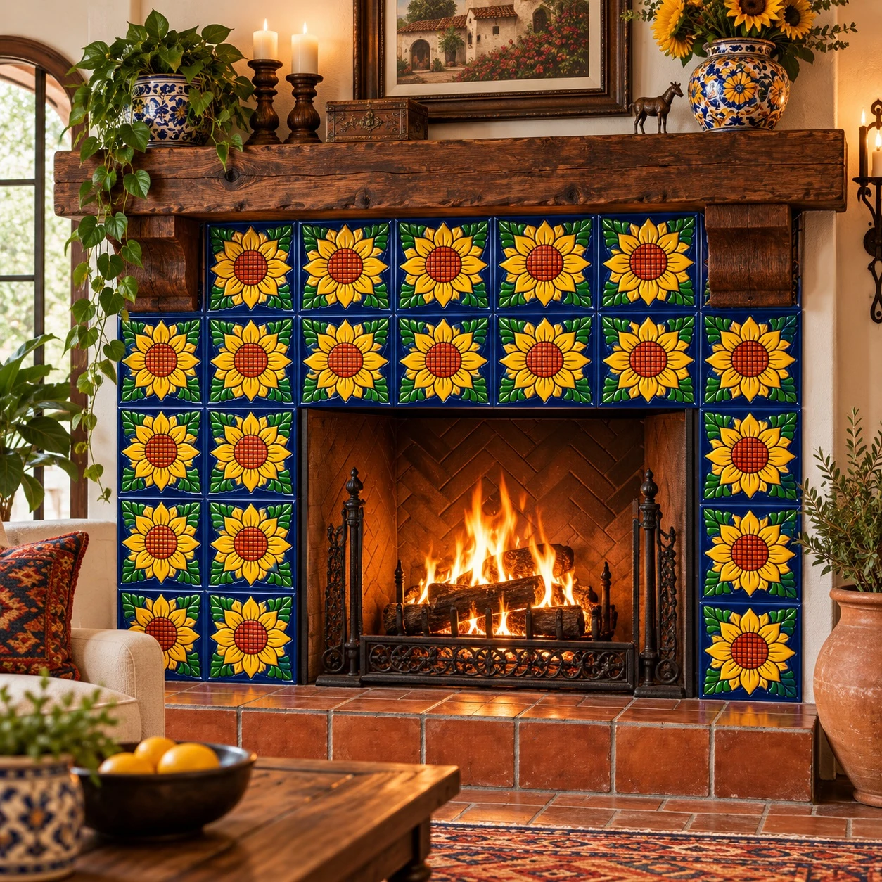 Sunflower mexican relief tile adorning the face of a traditional fireplace surround