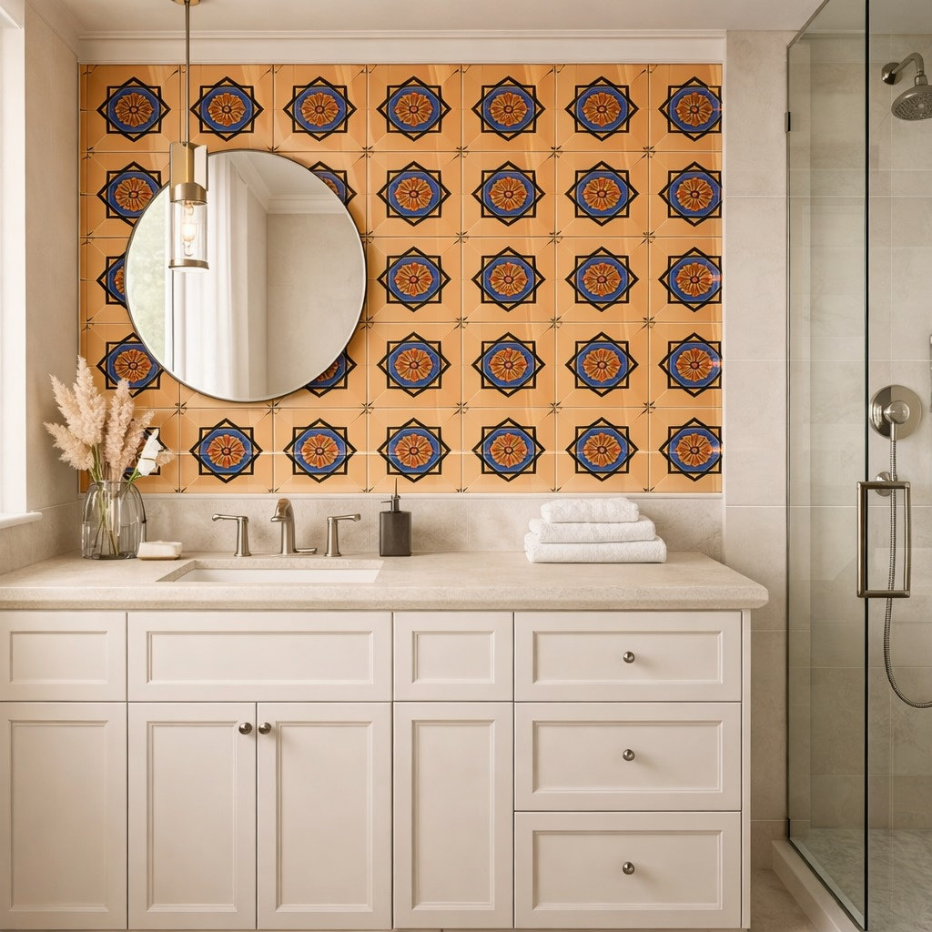 Mexican talavera relief tile with geometric floral medallion used on a bathroom vanity wall with solid colors and depth