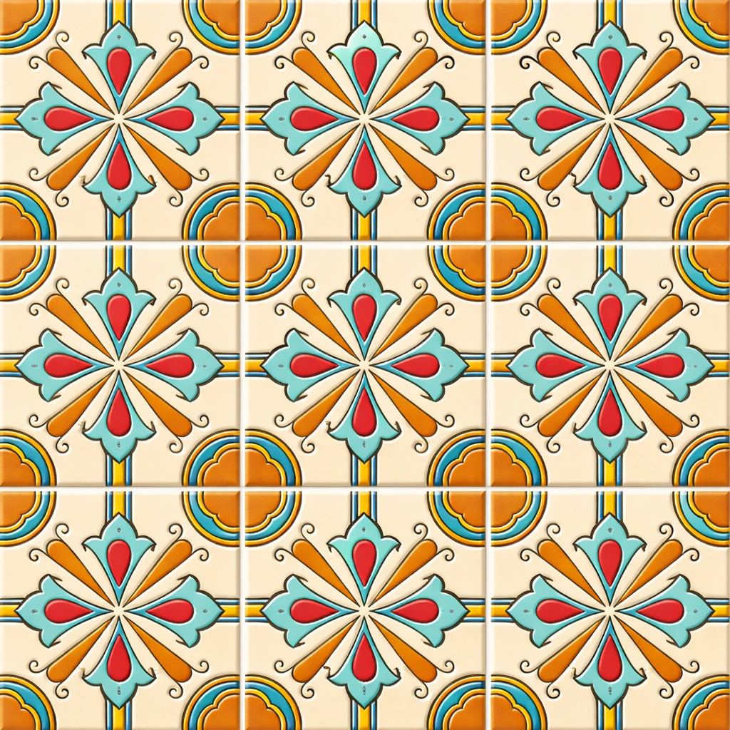 Talavera relief tile quatrefoil cross floral pattern nine tile set showing deep embossed details