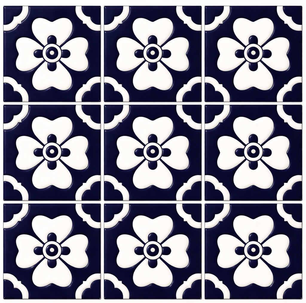 Talavera relief tile navy floral pattern showing nine identical raised tiles