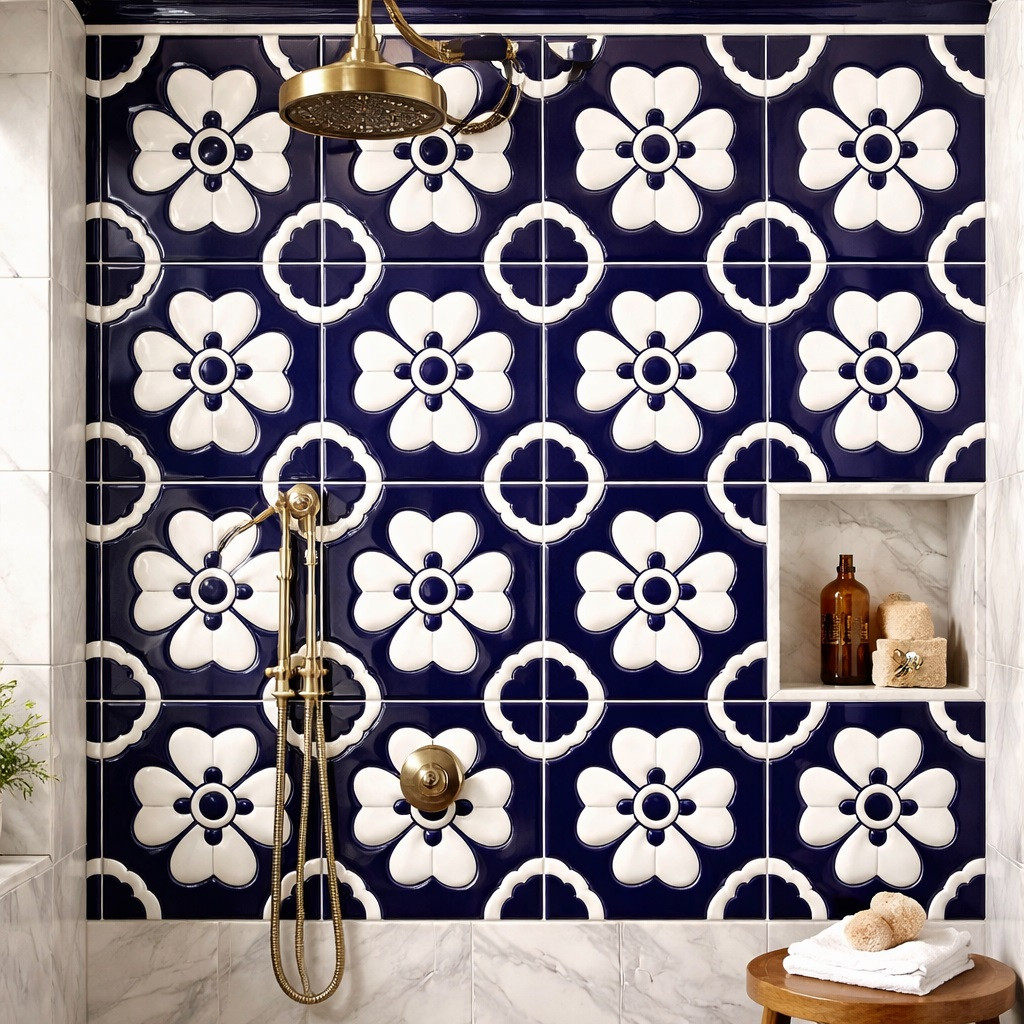 Talavera relief tile navy floral pattern featured on a shower wall to showcase bold relief