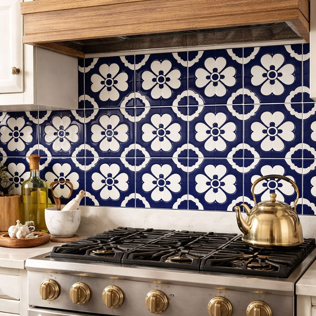 Talavera relief tile navy floral pattern installed as a kitchen backsplash highlighting deep relief