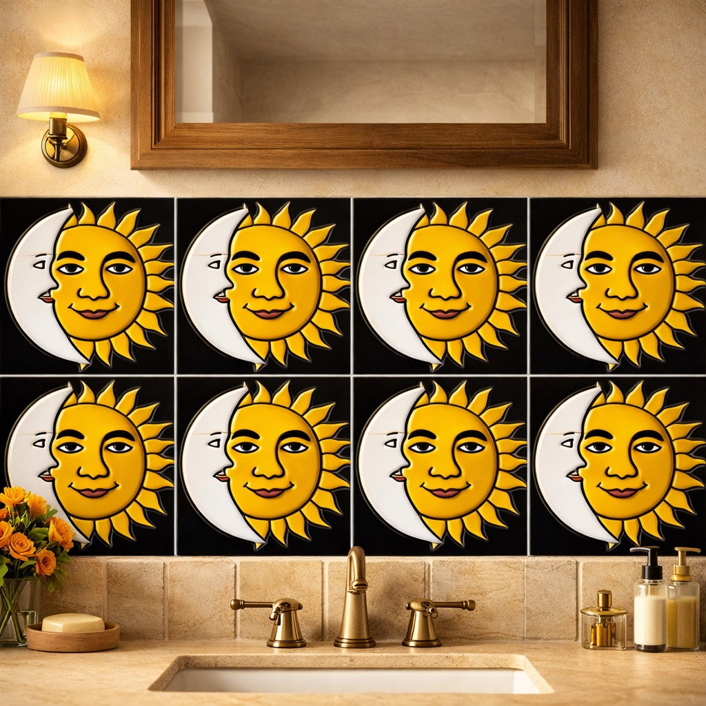 Mexican relief tile with sun moon motif used on a bathroom wall adding character depth and folk style charm
