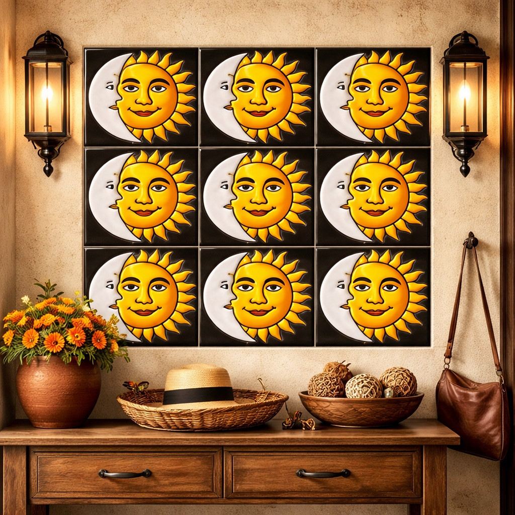 Mexican relief tile with sun moon motif applied as an entry wall accent highlighting handcrafted design