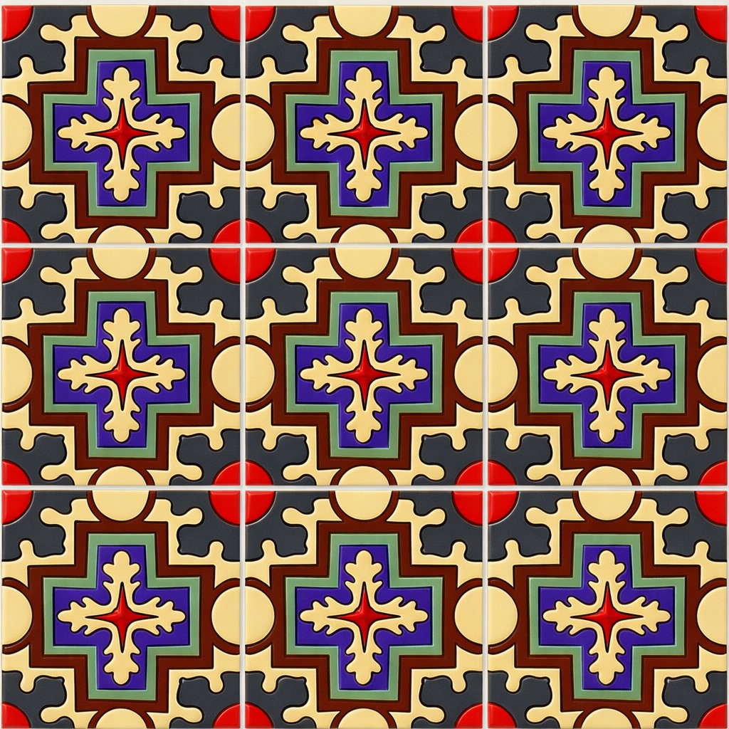 Mexican relief tile with cross star design nine tile set showing solid colors and strong relief