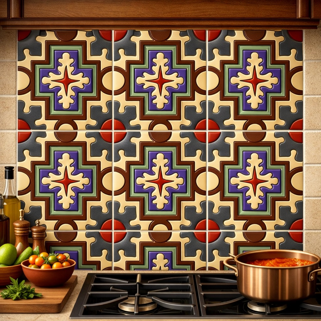Mexican relief tile with cross star design installed as a kitchen backsplash creating bold architectural focus