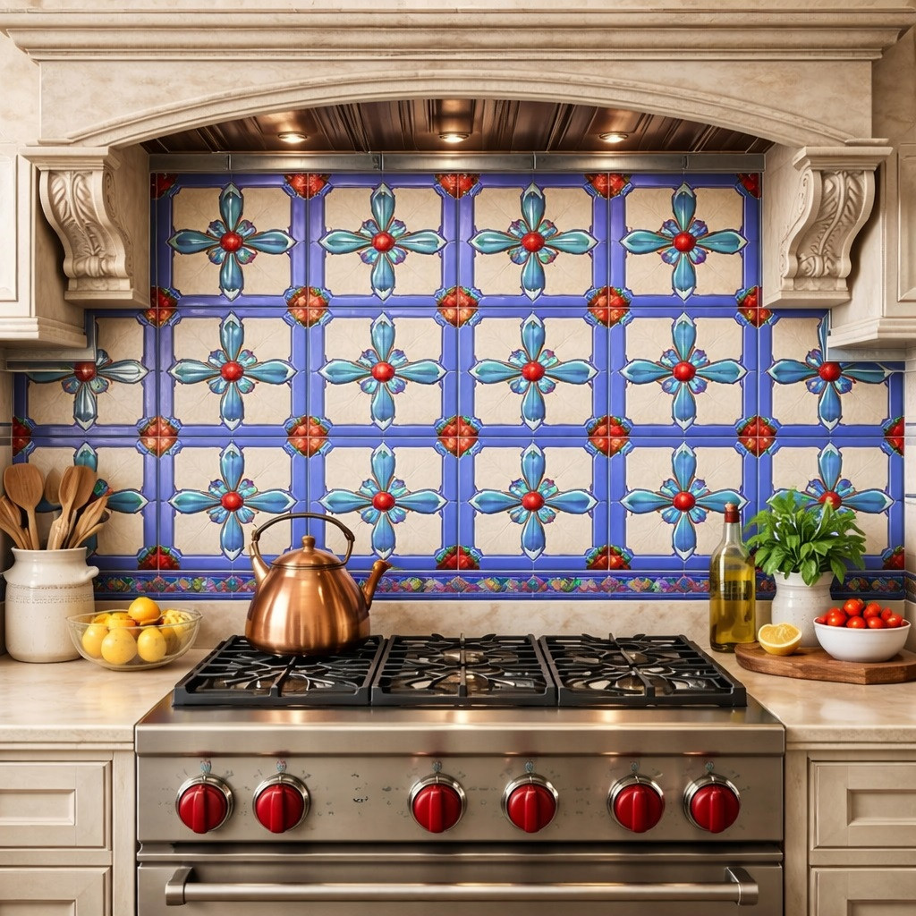 Talavera relief maltese cross handcrafted ceramic tile installed as a bold kitchen backsplash with deep relief
