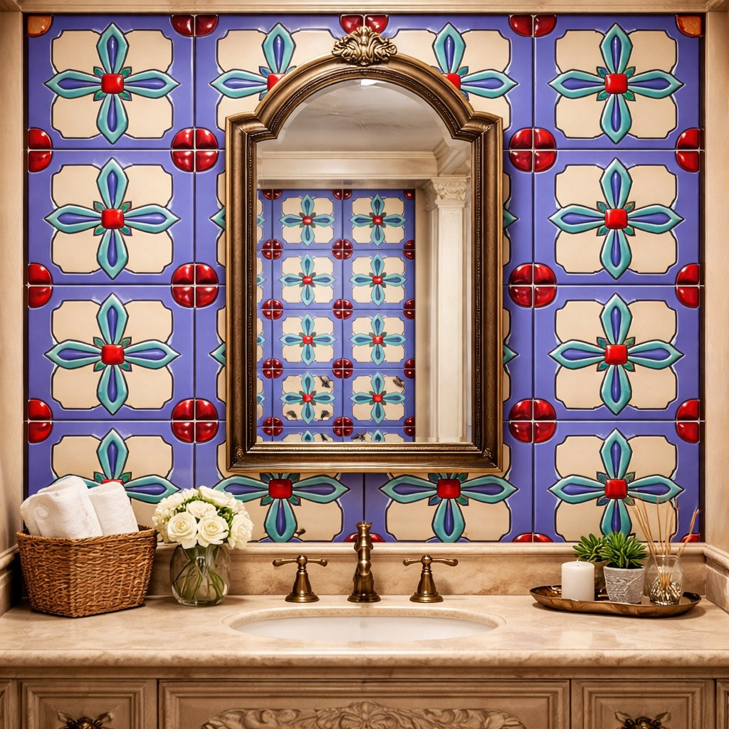 Talavera relief maltese cross handcrafted ceramic tile enhancing a bathroom wall with sculpted detail