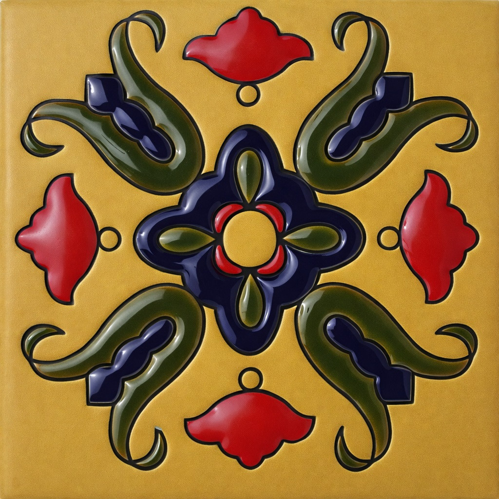 Talavera relief tile floral scroll medallion design