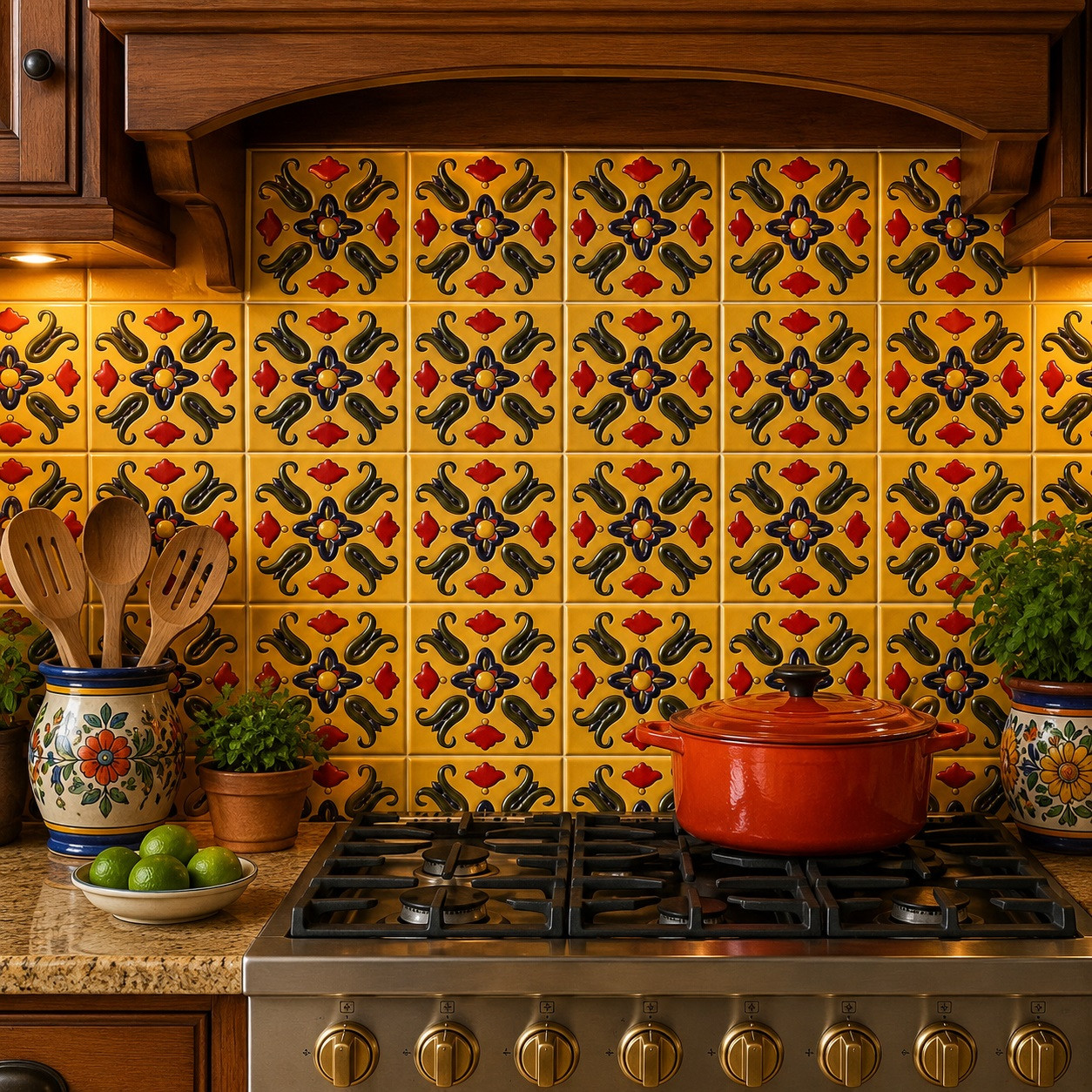 Talavera relief tile floral scroll medallion design installed in a kitchen backsplash with defined relief and solid color finish
