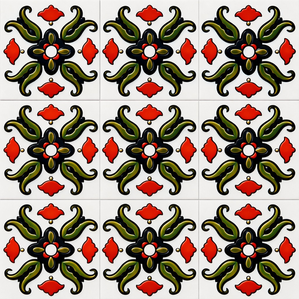 Mexican talavera floral scroll relief tile showing raised floral scroll pattern and bold glazed colors