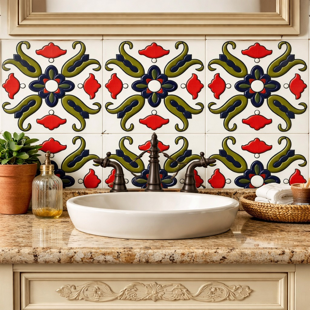 Mexican talavera floral scroll relief tile used in a bathroom vanity wall creating a rich artisanal focal point