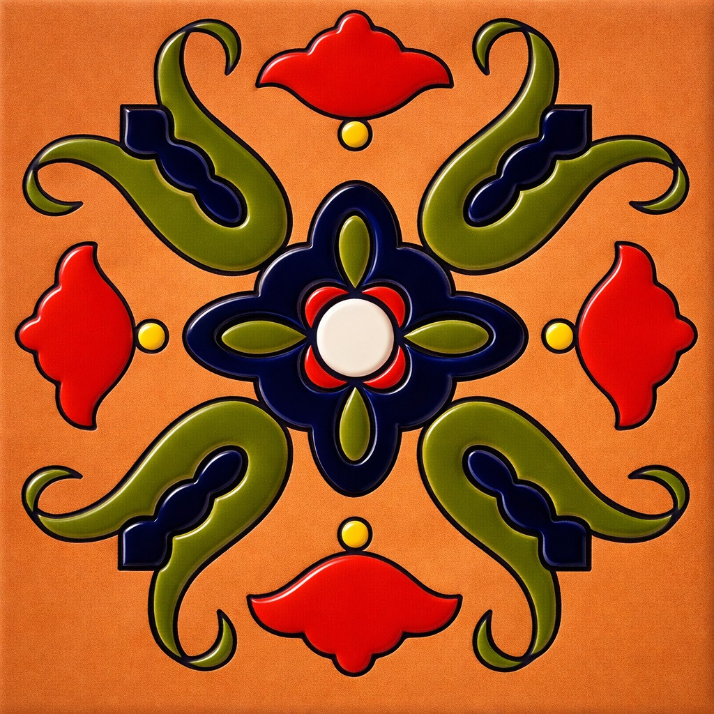 Mexican floral scroll talavera relief tile