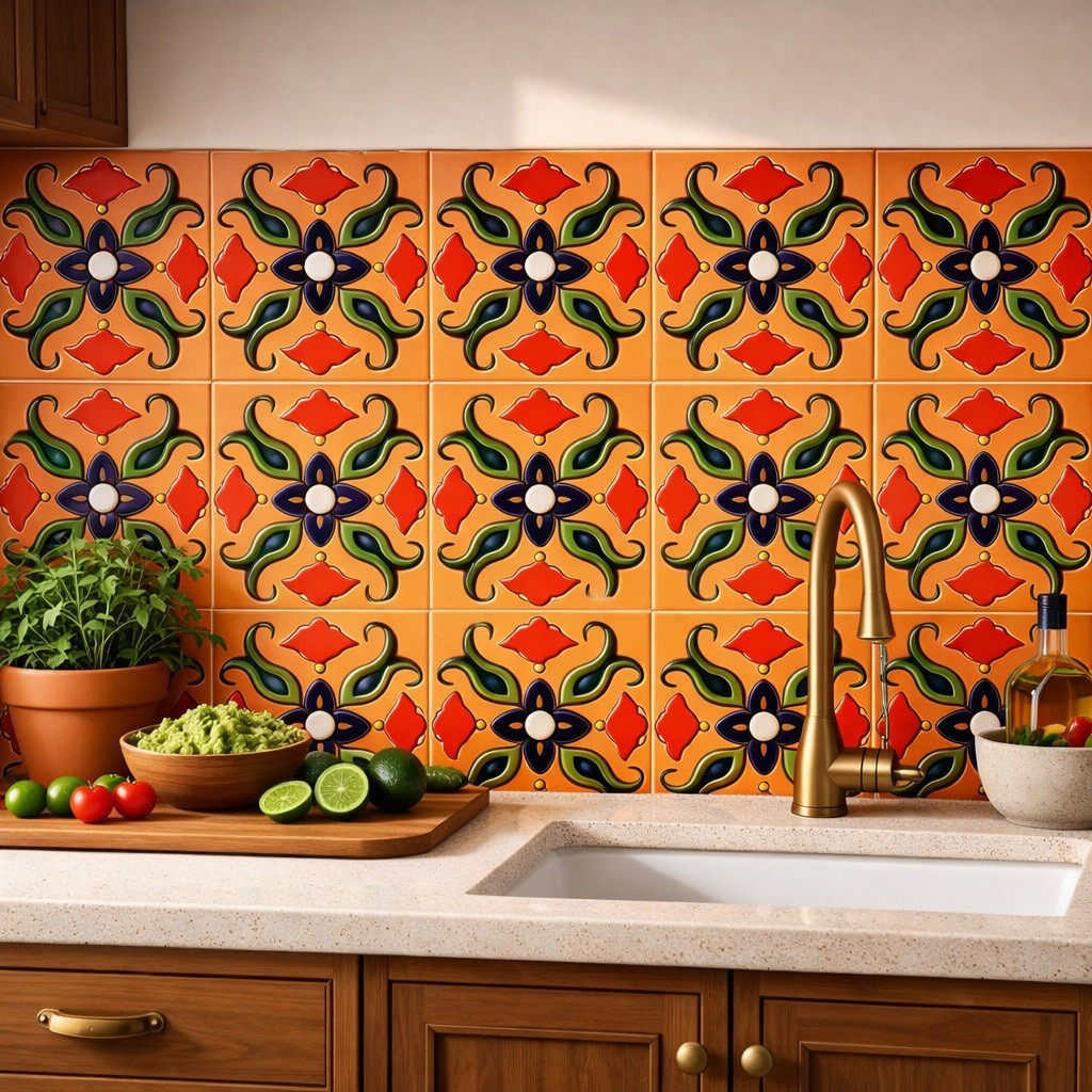 Mexican floral scroll talavera relief tile installed as a kitchen backsplash highlighting texture color and handmade detail