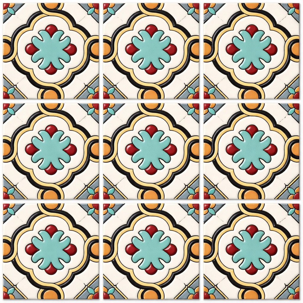 Florenzada cross mexican talavera relief tile shown as a complete nine piece relief tile set