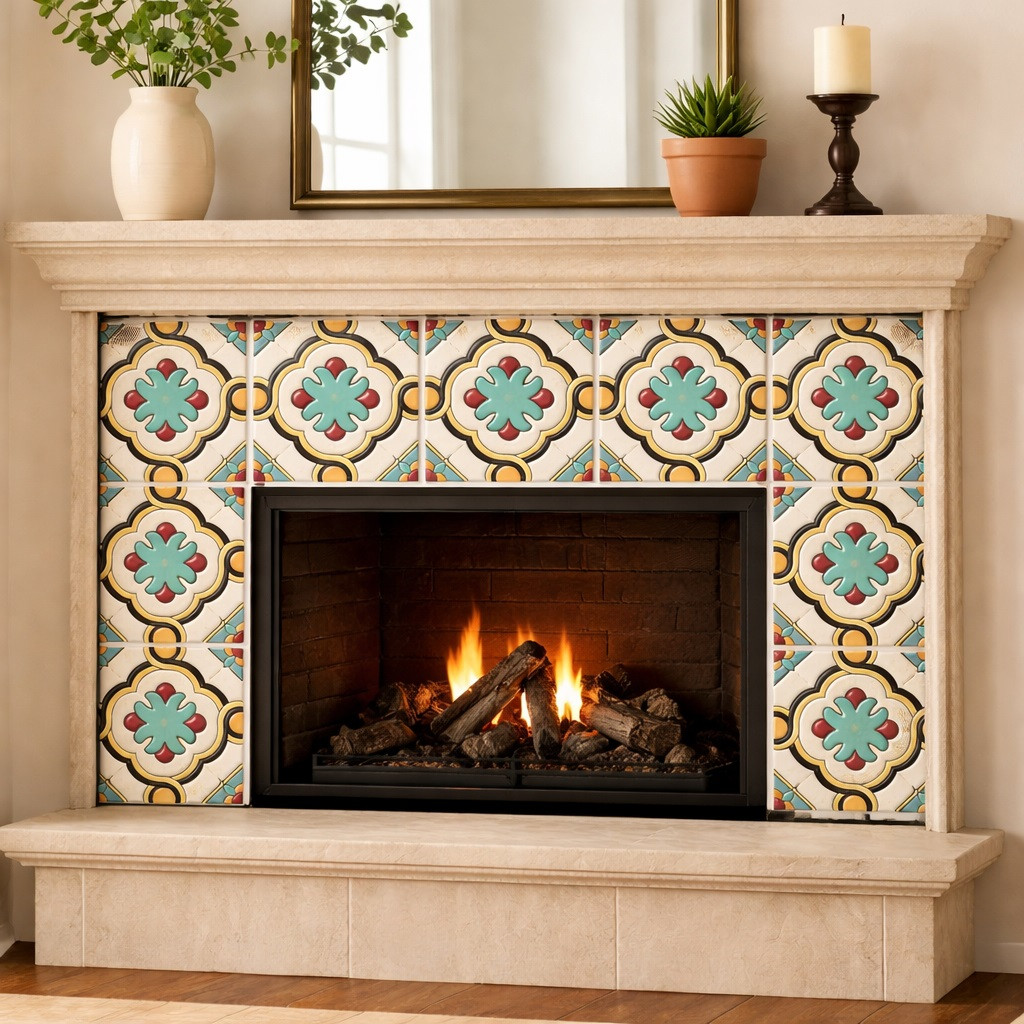 Florenzada cross mexican talavera relief tile used as a fireplace surround with bold raised detail