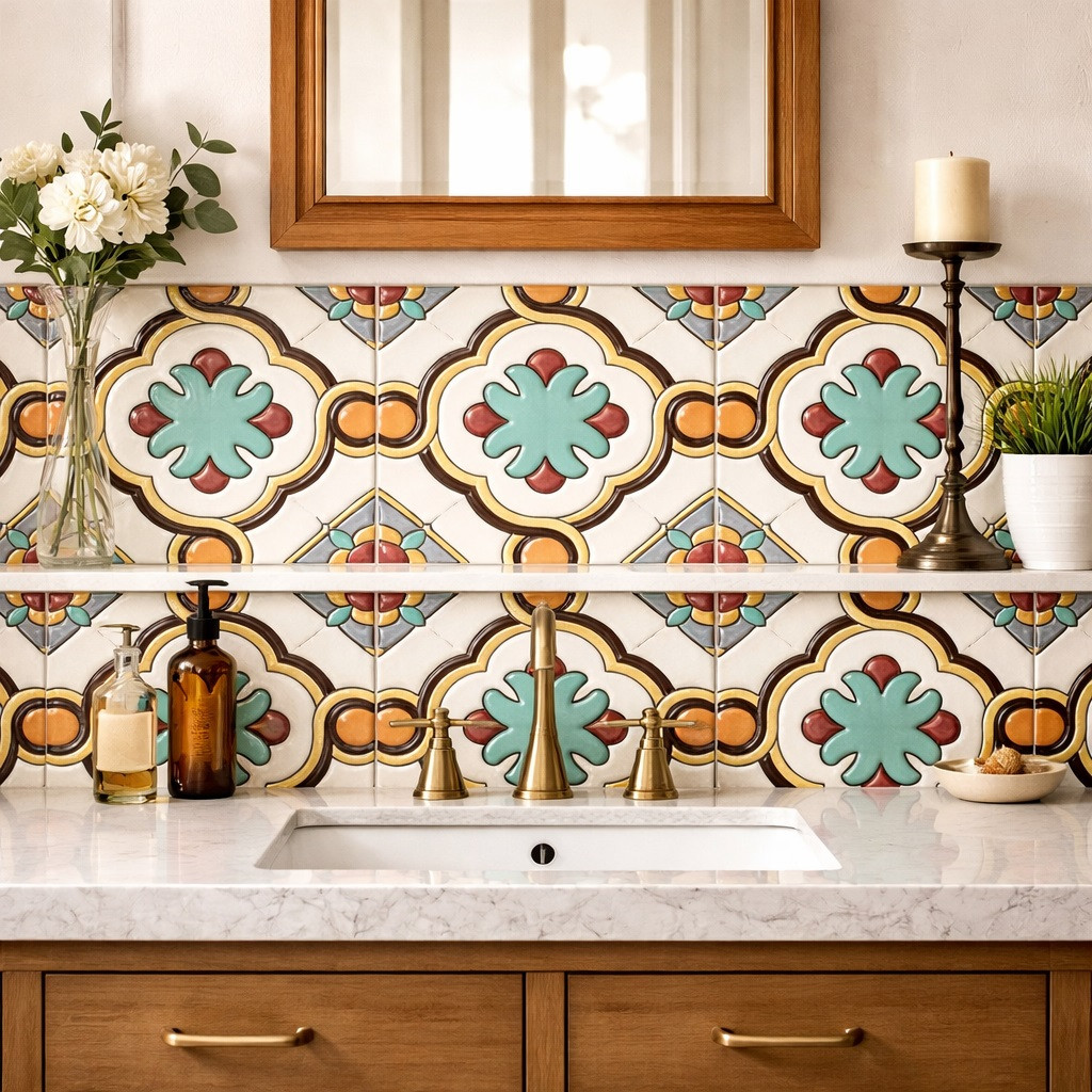 Florenzada cross mexican talavera relief tile used on a bathroom vanity wall with clean grout lines