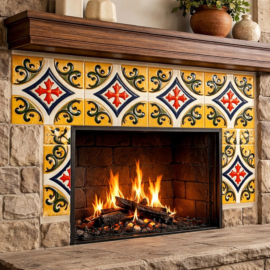 Talavera cross scroll mexican relief tile featured on a decorative wall enhancing Mexican Colonial architectural style
