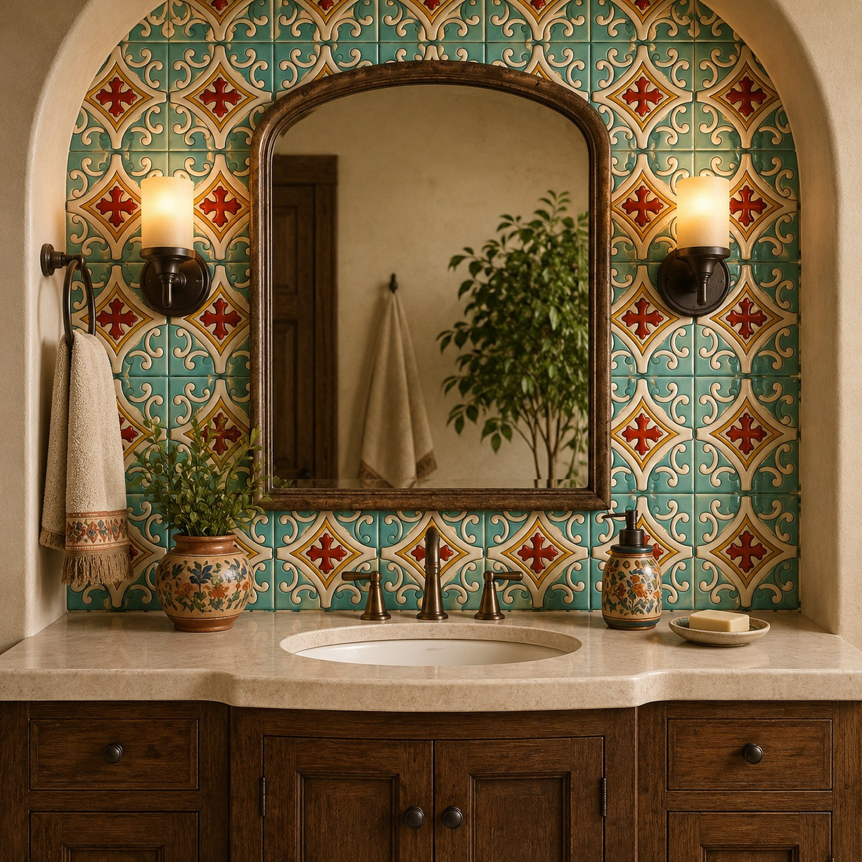 Mexican cross medallion talavera relief tile used on a bathroom vanity wall adding depth warmth and handmade character