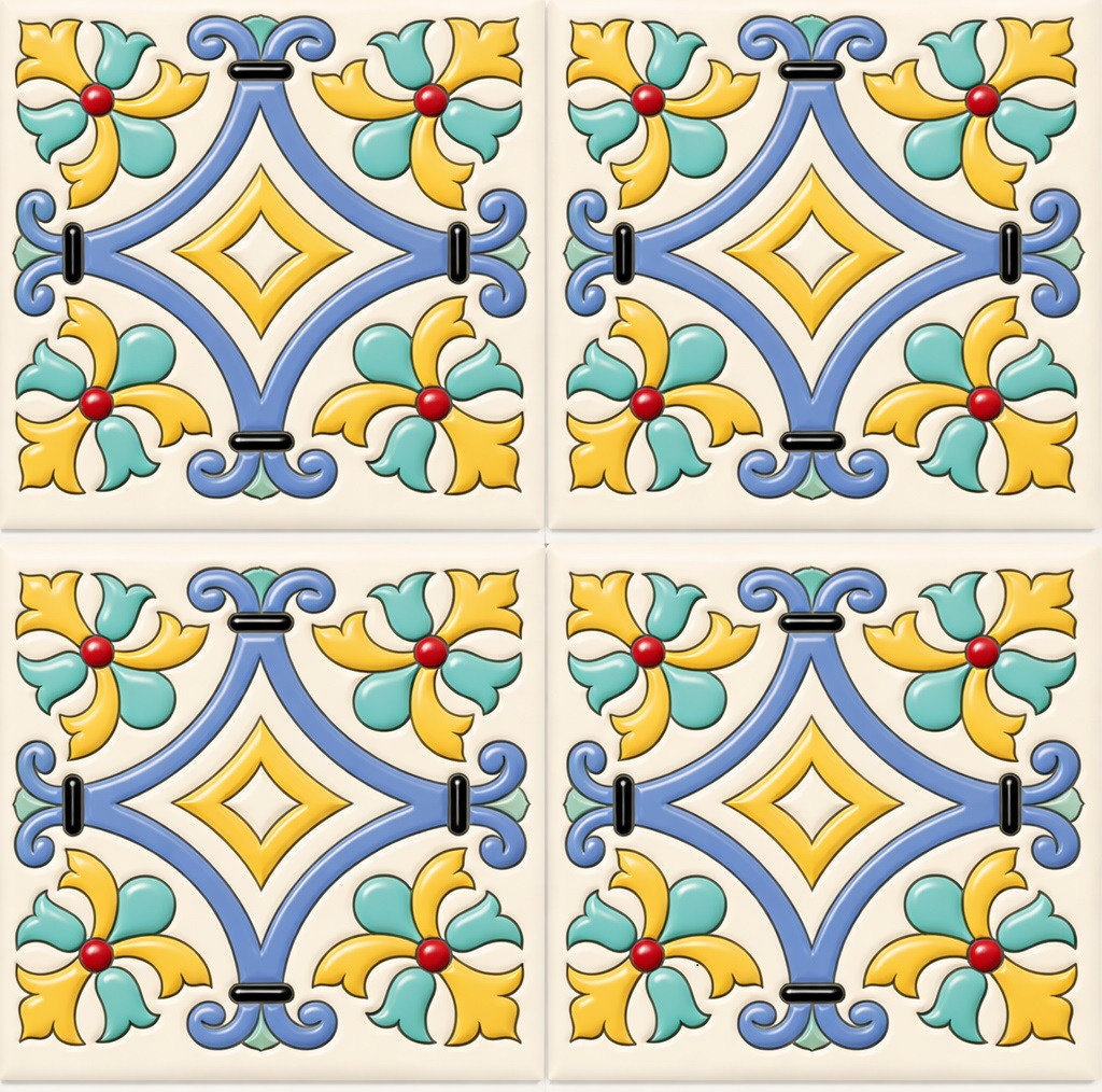 Mexican talavera relief tile floral diamond showing four identical raised ceramic tiles