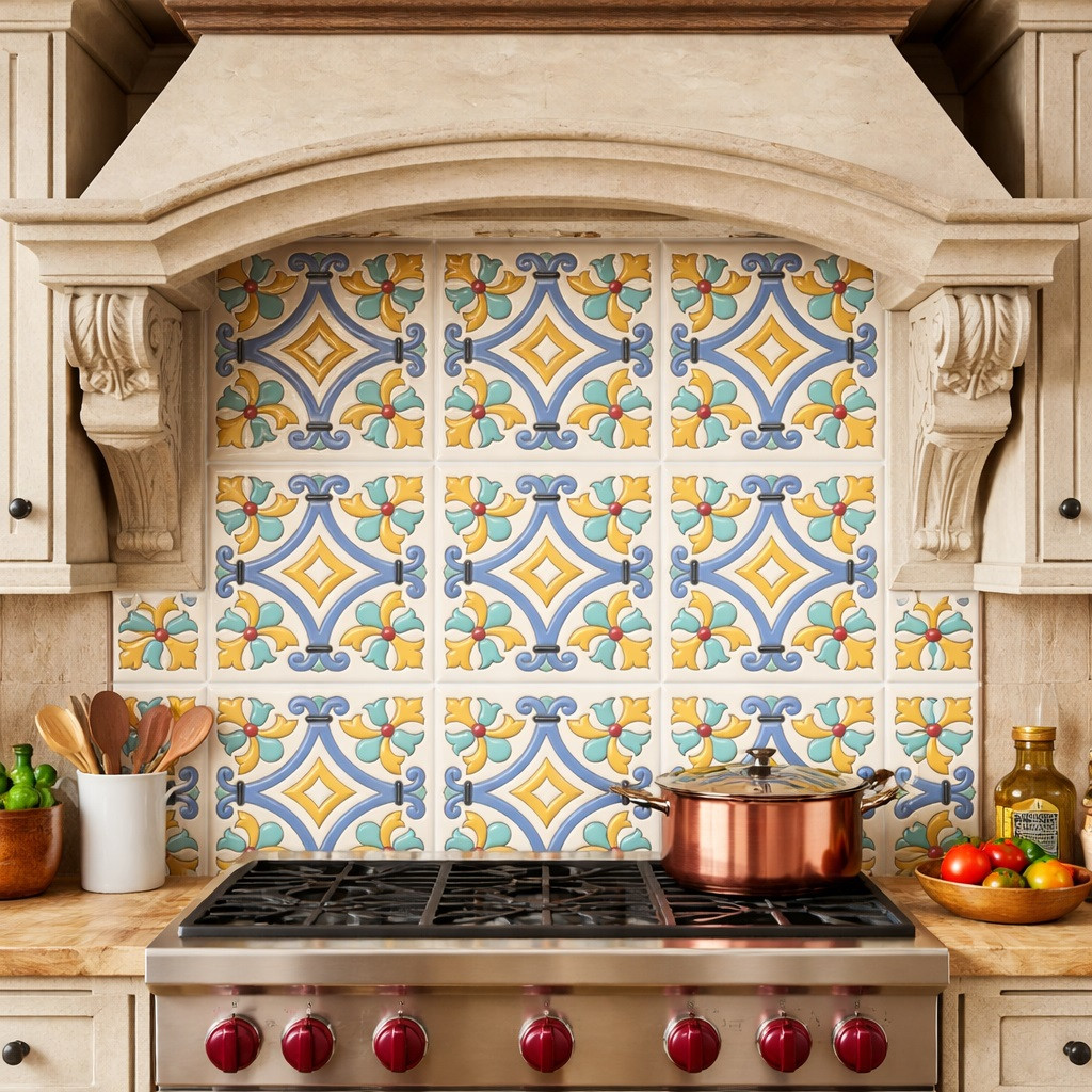 Mexican talavera relief tile floral diamond featured behind a custom range hood as an architectural focal point