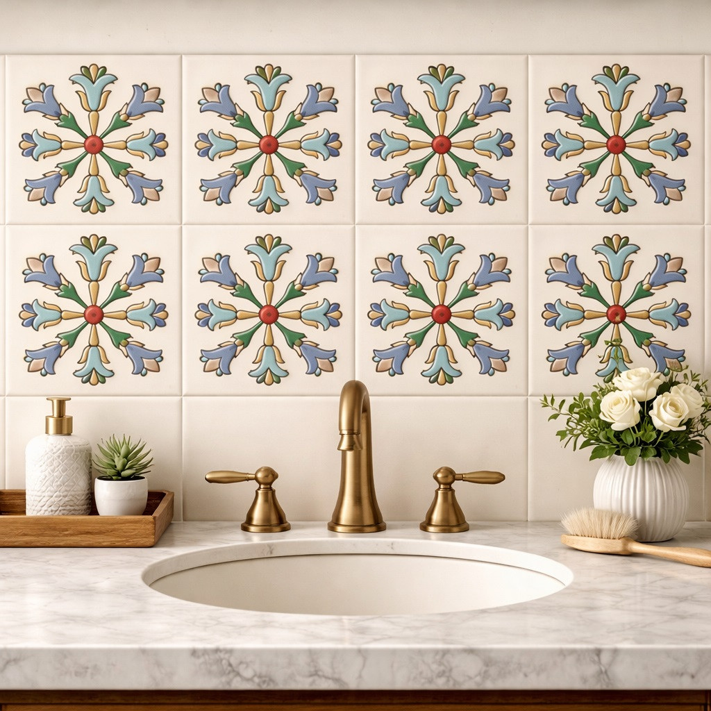Mexican talavera relief tile floral cross pattern installed behind bathroom vanity with bold raised details